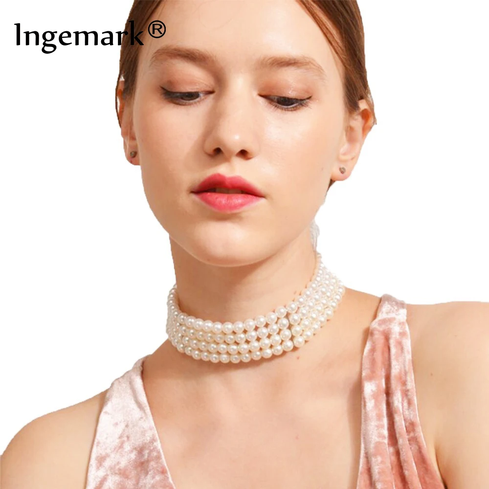 Ingemark Fashion Multilayer White Imitation Pearl Choker with Metal Slice Fixation Wide Bib