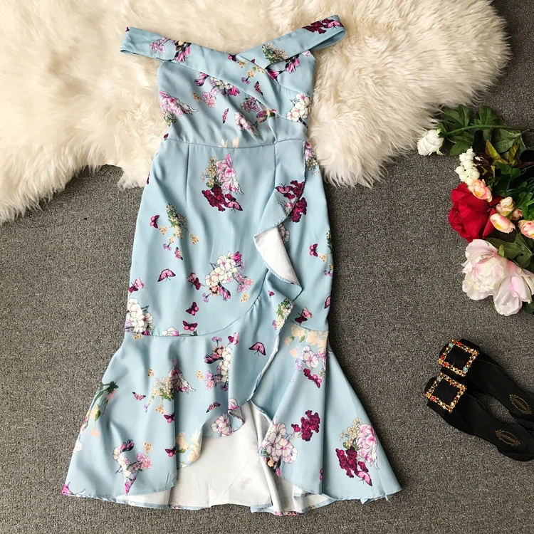 

Amolapha Women Summer Off-shoulder Slash Neck Floral Printed Fishtail Buttock Dresses Irregula Ruffled Hem Dress Vestidos