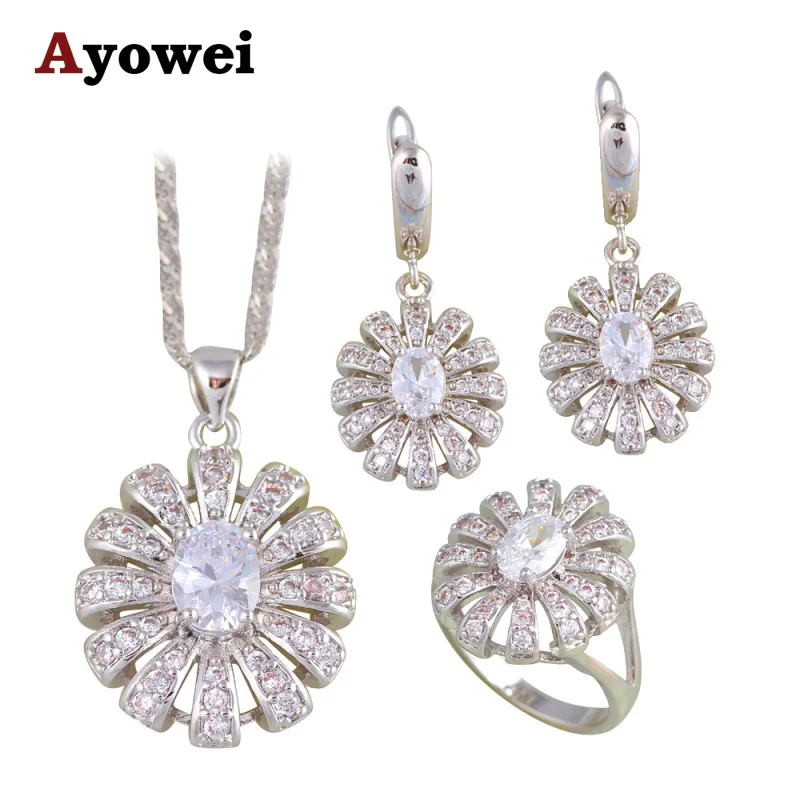 Round White Zircon Silver Stamped Fashion Jewelry Sets Earrings Pendant Necklace Rings for Women Party Gift