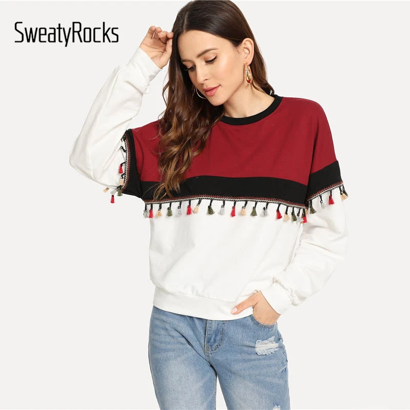 Goedkoop SweatyRocks Casual Knippen en Naaien Kwastje Detail Sweatshirt Lange Mouwen Colorblock Dame Tops 2018 Nieuwe Herfst Vrouwen Sweatshirts