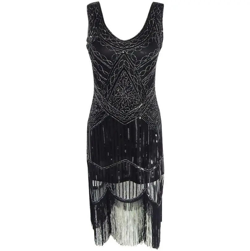 sequin beaded tassels bottom Clapless dress sleeveless black, silver