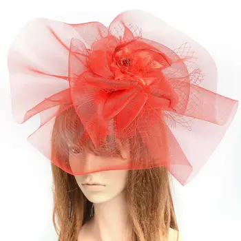

2019 Large Mesh Fascinator Wedding Hat For Women Hair Clip Accessories Red Yellow Grey Fascinators Feathers Flower Headpieces