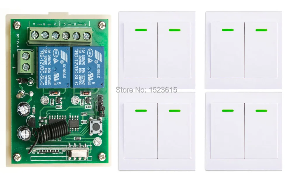 

New DC12V 2CH Wireless Remote Control Switch System Receiver + 4*Wall Panel Remote Transmitter Sticky Remote Smart Home Switch