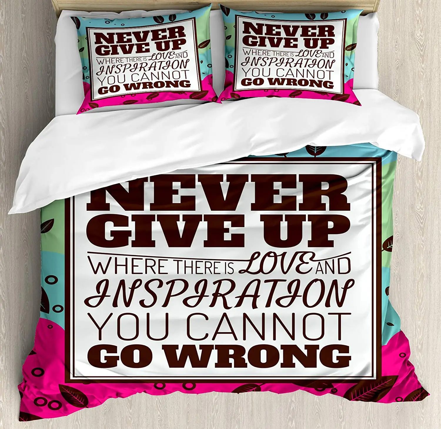 

Quote Duvet Cover Set, Never Give Up Theme Motivational Phrase in Frame Falling Autumn Leaves Retro 4 Piece Bedding Set
