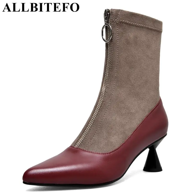 

ALLBITEFO fashion genuine leather+elastic flock high heel women boots ladies pointed toe sexy motocycle boots Autumn ankle boots