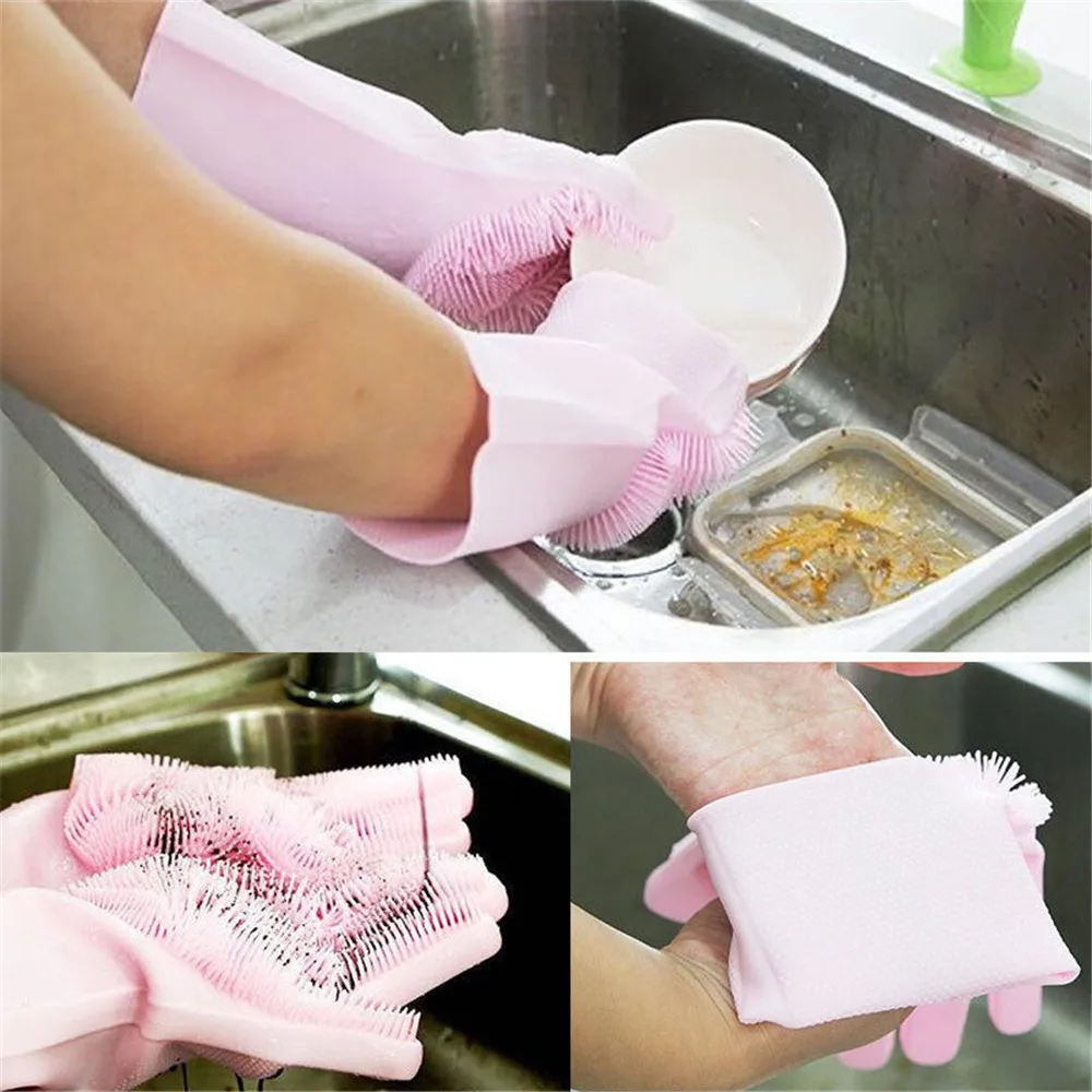1 Pair Silicone Kitchen Cleaning Gloves Magic Rubber Dish Washing