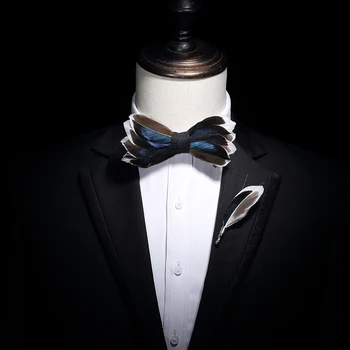 

New Free Shipping FASHION male Men's High-end custom unique alternative natural feather bow tie brooch set ball wedding party