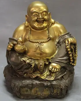 

S0882 8" Marked Purple Bronze 24K Gold Pure Silver Happy Laugh Maitreya Buddha Statue