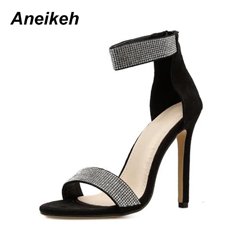 Aneikeh/; блестящие стразы; туфли на высоком каблуке-шпильке; модельные свадебные туфли для женщин; Летние Босоножки с открытым носком и ремешком на щиколотке; Цвет Черный - Цвет: Black