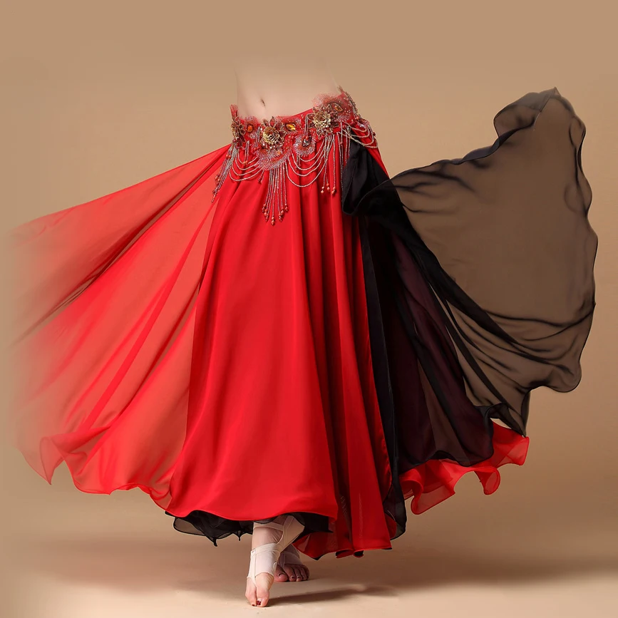 

Hot Sale 2017 Contrast Colors Women Belly Dance Skirts Side Split Full Circle Long Bellydance Skirt Chiffon