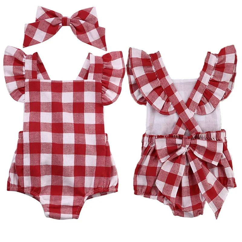 ARLONEET/ Детский комбинезон для новорожденных; Красный комплект с комбинезоном в клетку; комбинезон+ заколка для волос для девочек 0-18 месяцев; летняя одежда; 30S0331 \ 6