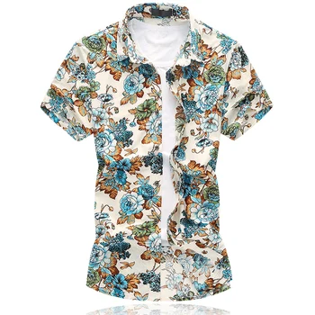 

Nice New Men Short Sleeves Shirts Flower Color Printed Ice Silk Cotton Casual Summer Breathable Cool Male Clothing Pop Selling