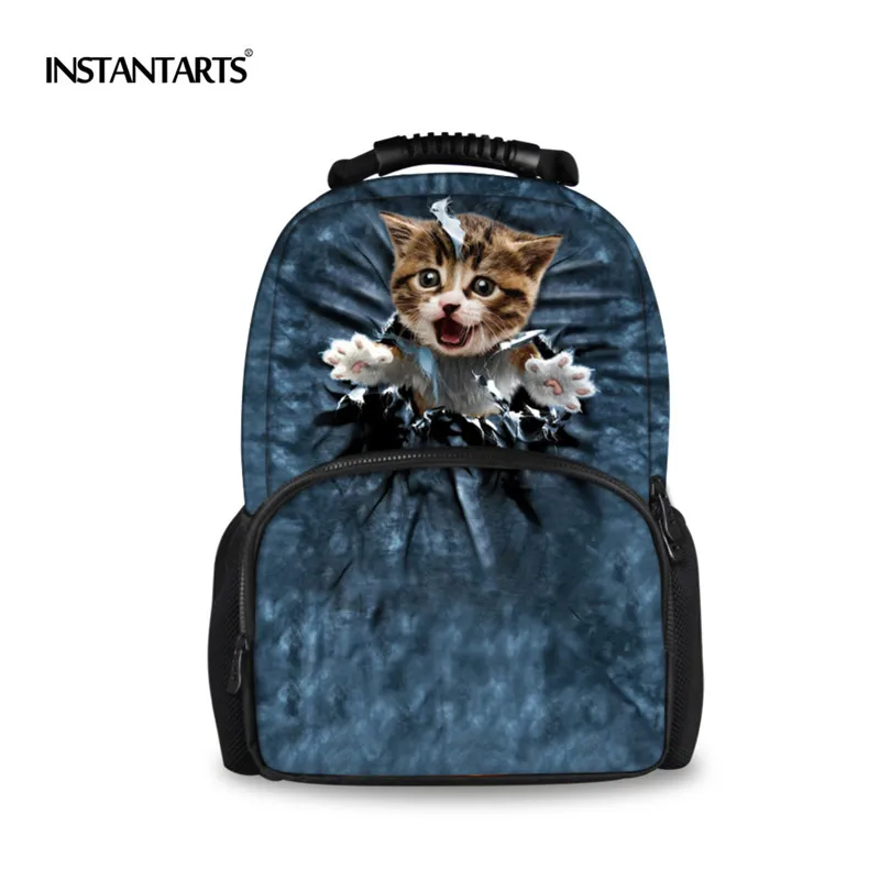 INSTANTARTS Cute Women Cat Backpack Blue Denim Printing Felt Backpacks