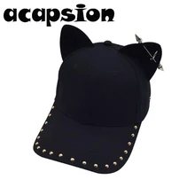 Черная бейсболка s Женская хлопковая конная Кепка с заклепками, кошка, поедать солнцезащитный козырек, Женская регулируемая бейсболка, шляпа, кепка