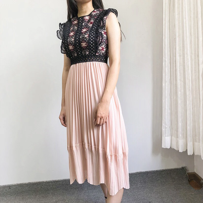 Livraison Femmes Évider Broderie Nouveau 2018 Robe Automne Patchwork Mi mollet Plissée Dentelle Vintage Gratuite Style TvZwxrqT
