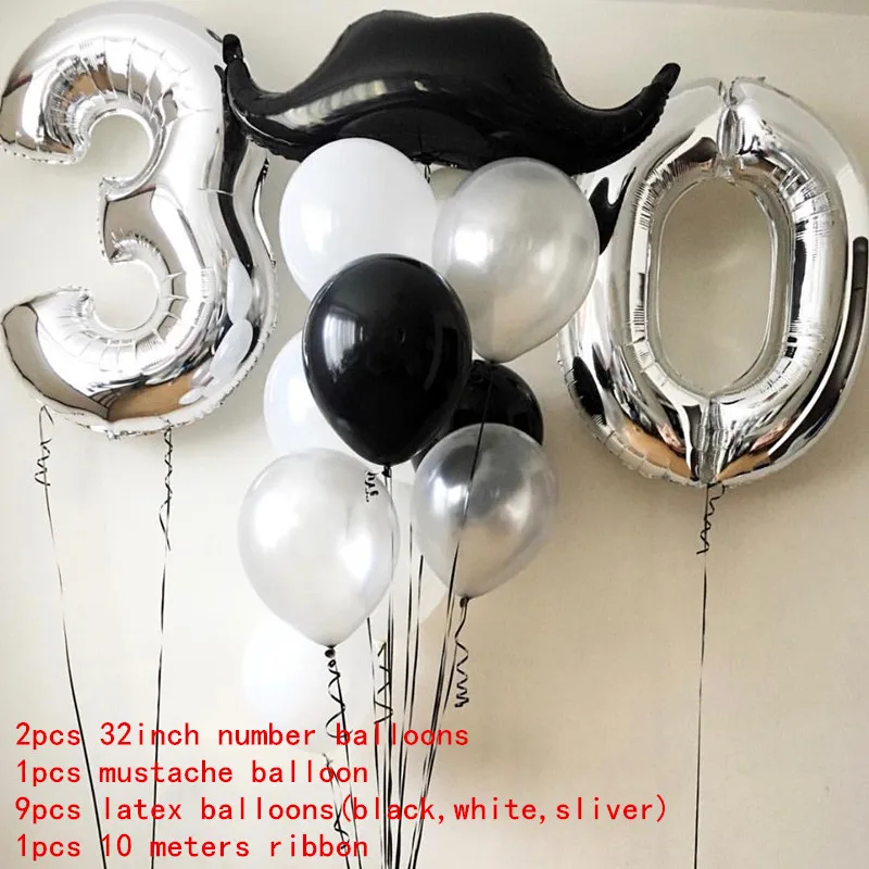 13 шт./лот большой размер 32 дюймов Серебряный номер фольги воздушный шар в форме усов на день рождения 30 лет вечерние украшения юбилей вечерние гелиевые