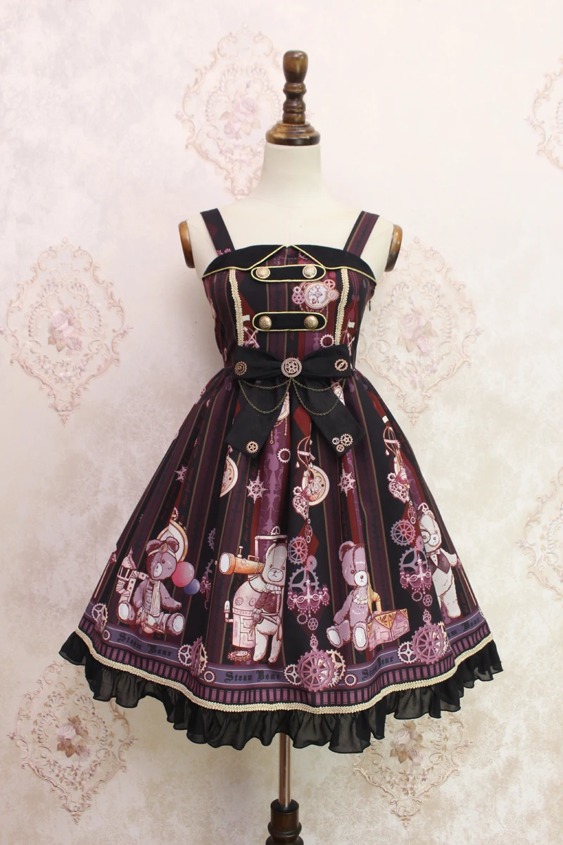 Стимпанк медведь~ сладкий печатных Лолита Повседневное платье миди от Alice Girl~ предзаказ - Цвет: Черный