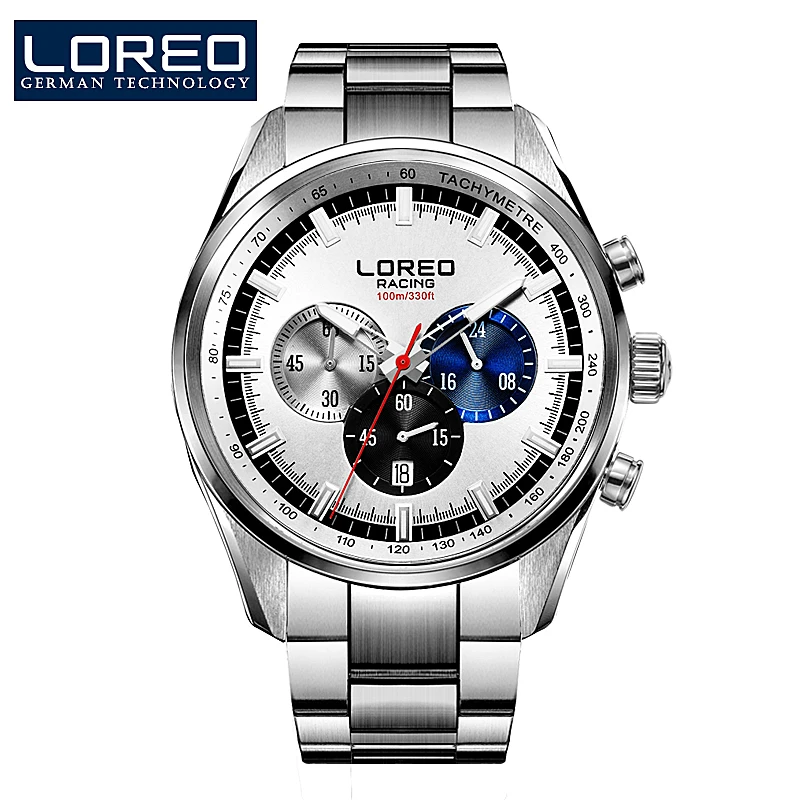 LOREO Germany watches men luxury brand speedmaster military watch multifunction Chronograph motor racing white stainless steel