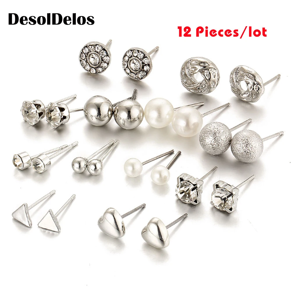 

12 Pcs/Set Crystal Alloy Round Ball Gold Color Stud Earrings Vintage Silver Color Simulated Pearl Earring Set For Women Gift