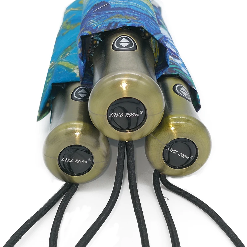 Бренд LIKE RAIN, женский Автоматический Зонт от дождя, женский зонт Ван Гог, 3 складных ветронепроницаемых зонта с серебряным покрытием, солнцезащитные зонты UBY01
