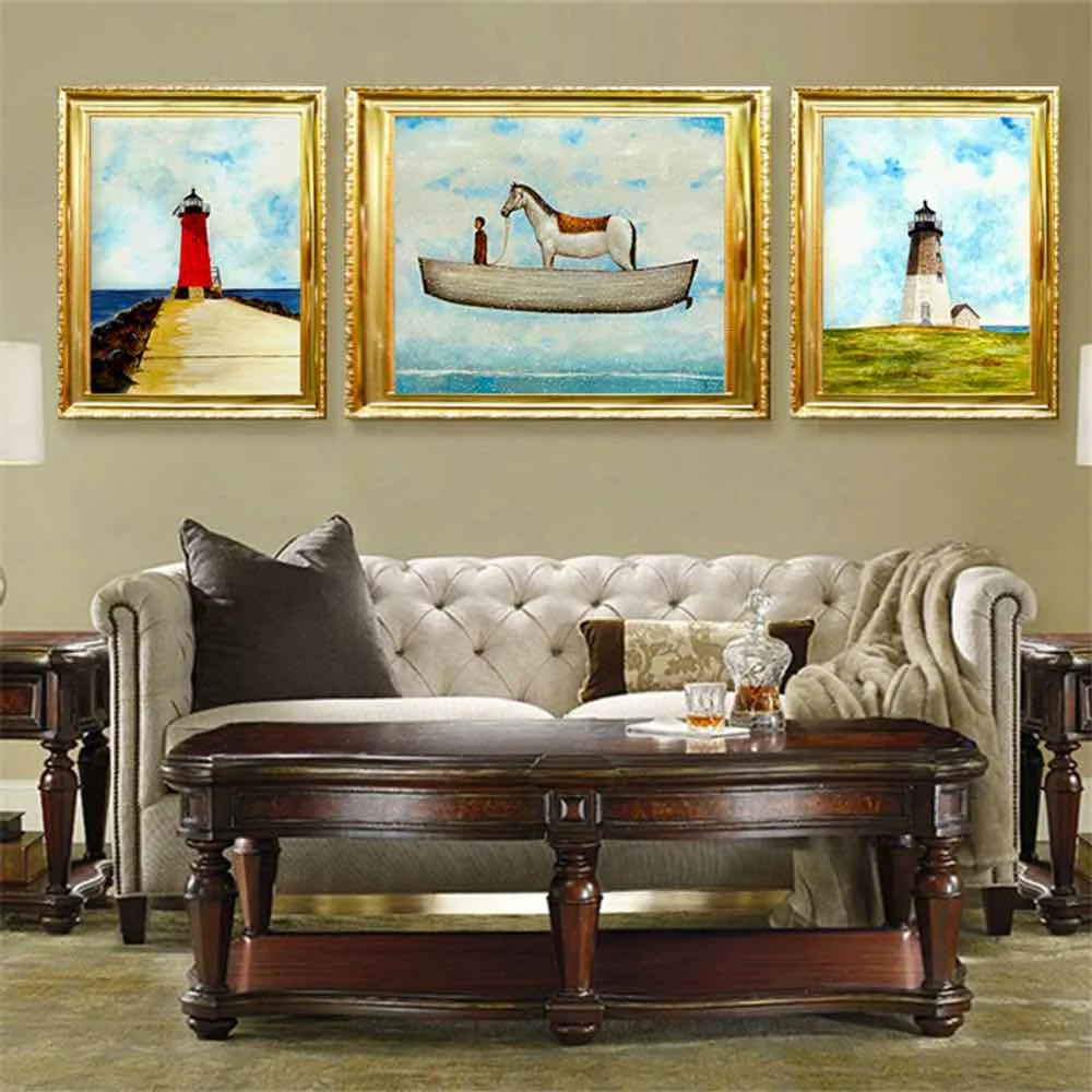 

HAOCHU Lighthouse Boat White Horse Canvas Painting For Living Room Home Decor Painting Print Poster Simple Nordic Wall Picture
