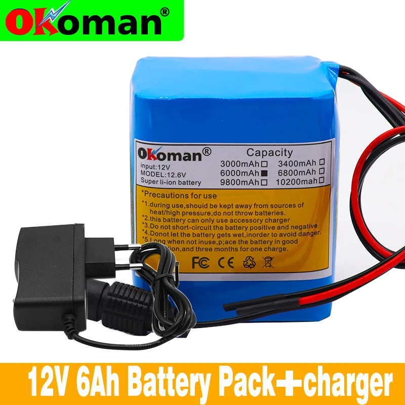 

Okoman high quality battery pack 12V 6000mAh 18650 lithium ion rechargeable battery 6Ah DC12.6V portable battery + charger