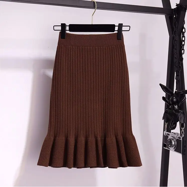 Vangull Женская длинная юбка-свитер зимние женские плиссированные юбки миди макси трикотажные с высокой талией теплые элегантные Saias Jupe Femme - Цвет: Brown for 50cm
