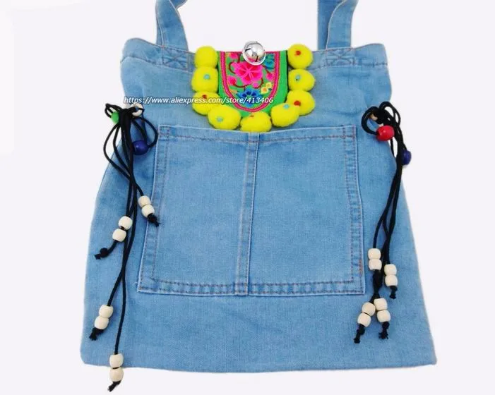 Bolsa de Compras Bolsas de Ombro Bolsas de Viagem Vintage Denim Boêmio Hobo Bolsala Hmong Bordados Bolsas Grande Colorido Pom Charme 1007 9 Cheap Bolsas de ombro