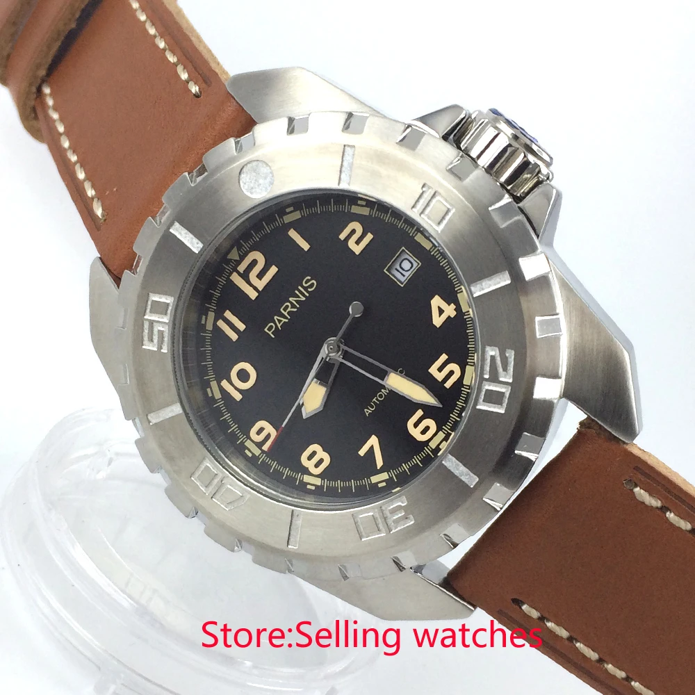 45mm parnis black dial orange marks miyota automatic movement mens watch