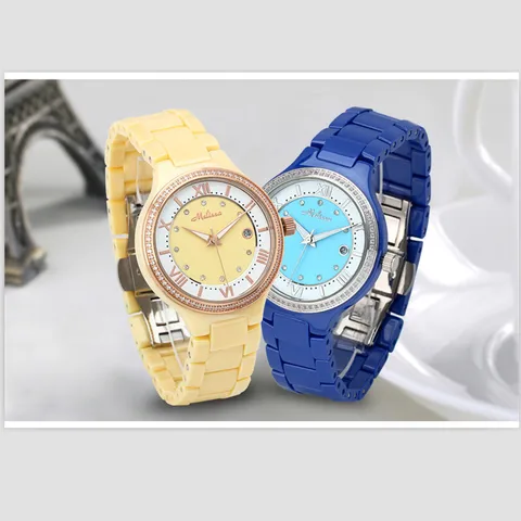 Marca de Luxo Cheio de Cerâmica Relógios de Pulso de Quartzo Melissa Mulheres Relógio Jóias Novel Real Amarelo Cerâmica Pulseira Roman Montre