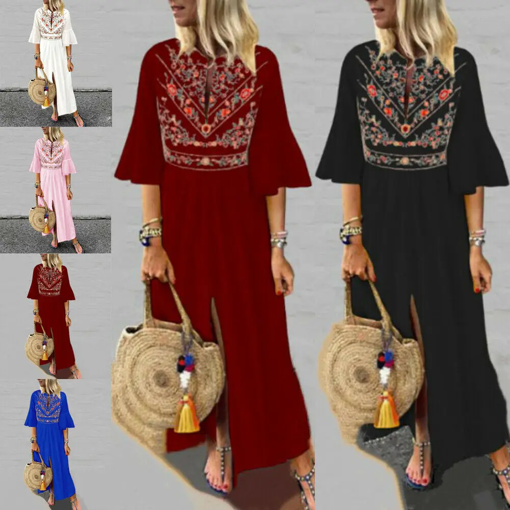 

Ladies Cotton Linen Printed Dress Summer Sleeveless V-neck Long Maxi Dress Women Split Hem Baggy Kaftan Dresses