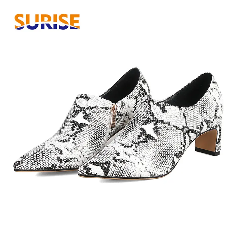 

Faux Snakeskin Women Pumps 6cm High Square Heels Red Bottom Pointed Toe White Leopard Casual Party Club Sexy Lady Zipper Loafers