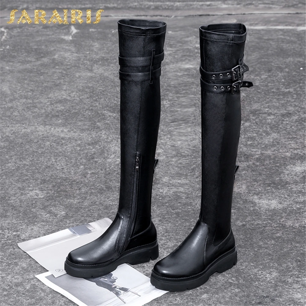

SARAIRIS Genuine Leather Large Sizes 34-40 Cow Leather Chunky Heels Buckle Strap over-the-knee Boot Women Shoes Woman Boots