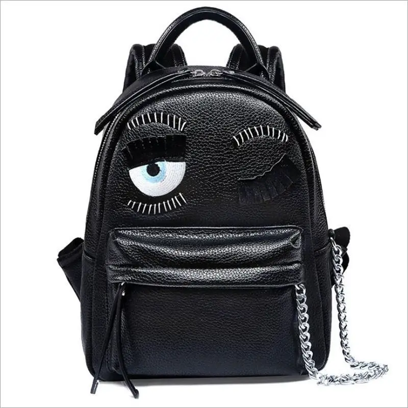 

cartoon demon eyes backpack famous brand monster women leather backpacks metal chain school bag for teenagers travel backpack