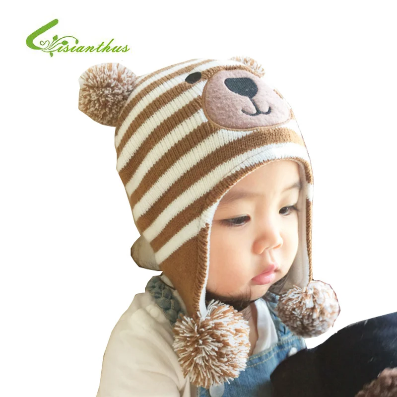 Зимняя Детская уличная шапка с милым мультяшным медведем, мягкие теплые вязаные шапки для маленьких девочек и мальчиков, флисовая шапка для детей 1-5 лет