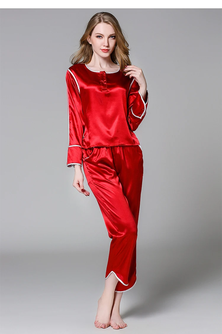 Для женщин шелковый атлас комплект одежды для сна с длинными рукавами Пижама Feminino одноцветное пижамный комплект Комплект ночной одежды