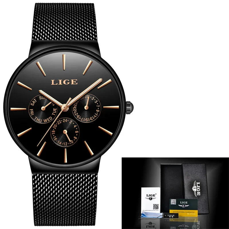 Часы женские супер тонкие из нержавеющей стали LIGE Топ бренд Роскошные повседневные кварцевые часы женские наручные часы Relogio Feminino - Цвет: All black
