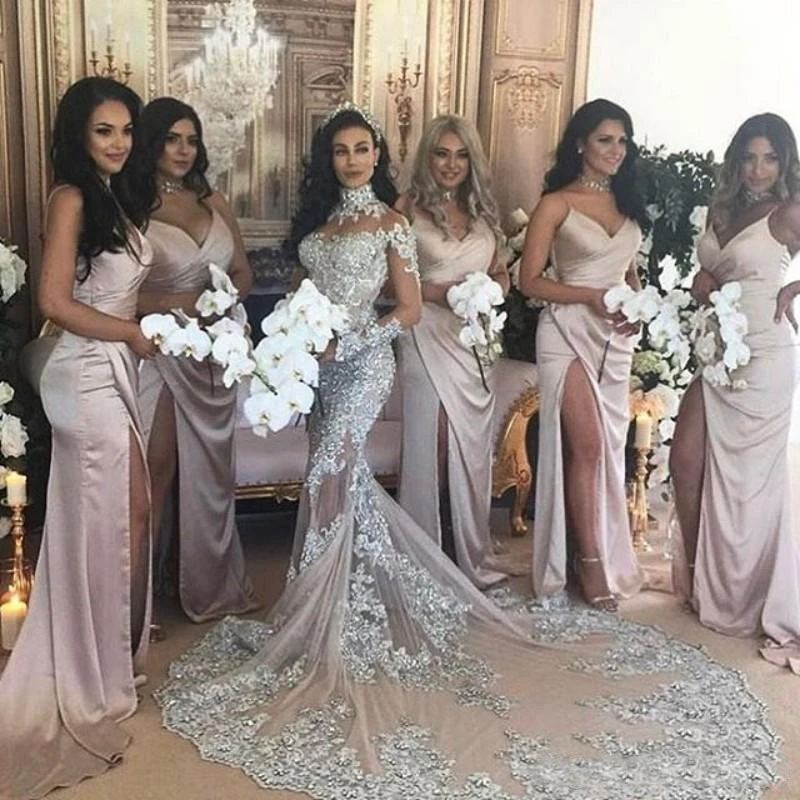 

Elegant Long Mermaid Evening Dress Lace Bead Crystal with Sleeves Muslim Formal Dress Evening Prom Gown Robe De Soiree 2020