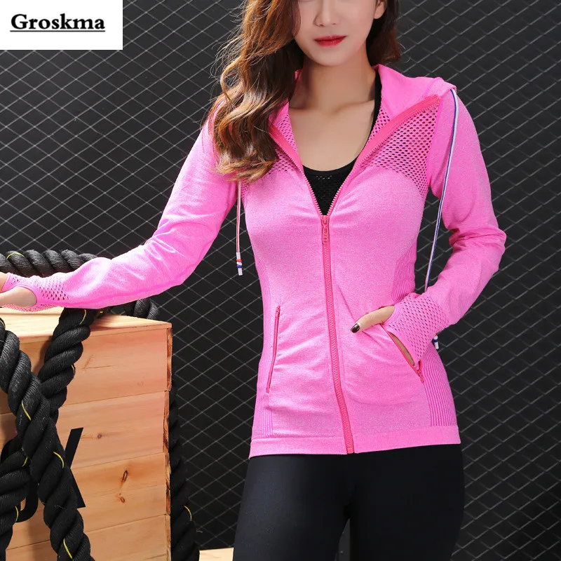 

Autumn outdoor sports training women jackets mesh hollow out breathable hooded coat fitness gym reflective stripe tops clothing
