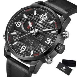 WWOOR Элитный бренд спортивные часы Для мужчин кожа Водонепроницаемый военный светодиодный цифровой кварцевые аналоговые Мужские наручные