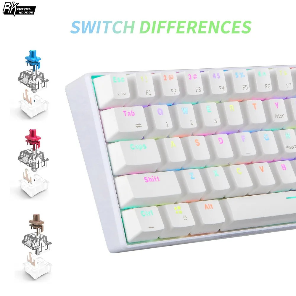  RK RK61 Mechanical Gaming White Keyboard Wireless Bluetooth 60% Keyboards 61 Keys RGB Backlit Backl