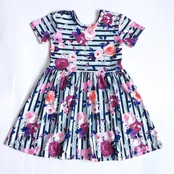 

2019 summer new baby girl children's clothes round neck short-sleeved horizontal strips rose pattern print girl dress