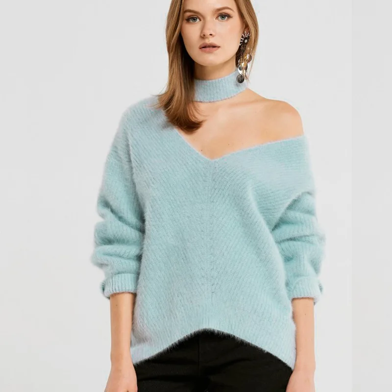 Осенне-зимний женский свитер с открытыми плечами, с бретельками, вязаный свитер, Женский Повседневный вязаный синий пуловер, джемпер, Pull Femme