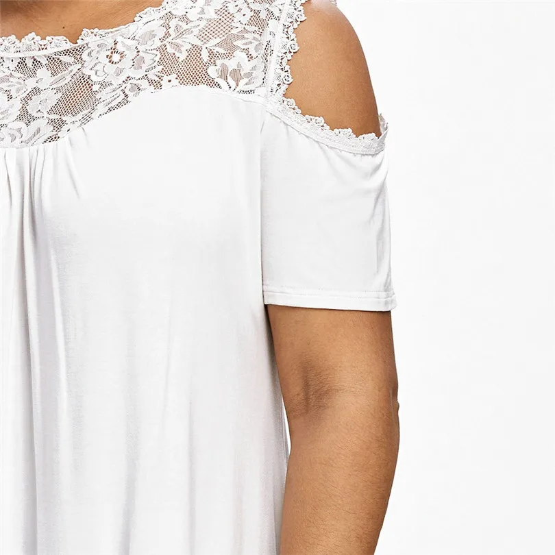 Plus Size New Fashion Women Winter Ladies Casual Daily  Cold Shoulder Strapless Lace Short Sleeve T-shirt Tops  #4F05 (3)