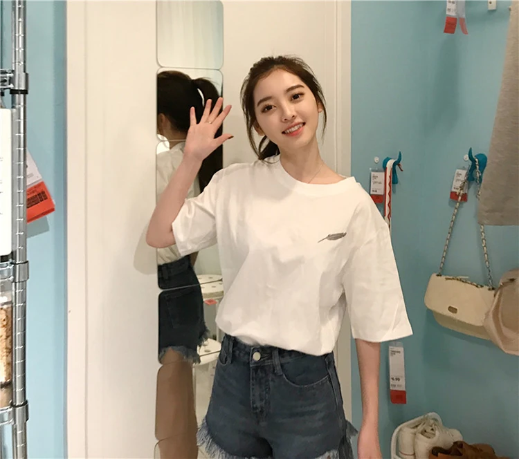 

Women T shirt Casual Streetwear New Summer Simple Feather Printed Tshirt Tops Korean Style Harajuku mujer female shirt Tee Top