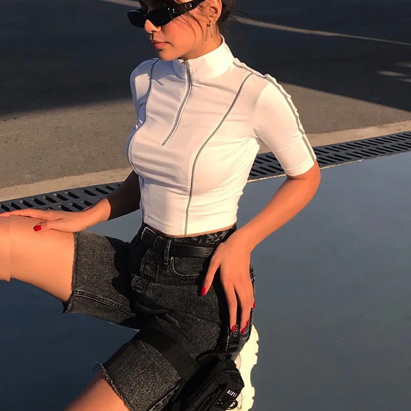 

High Street Black White Crop Top with Reflective Stripes Women Reflective Tops Ladies Short T shirts Front Half Zip Mock Neck