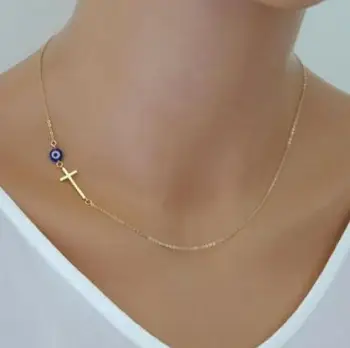 Women Sideways Gold Simple Cross Pendant Necklace Eyes Skinny Cross Celebrity Inspired Chain Necklace Bijoux Collar Jewelry