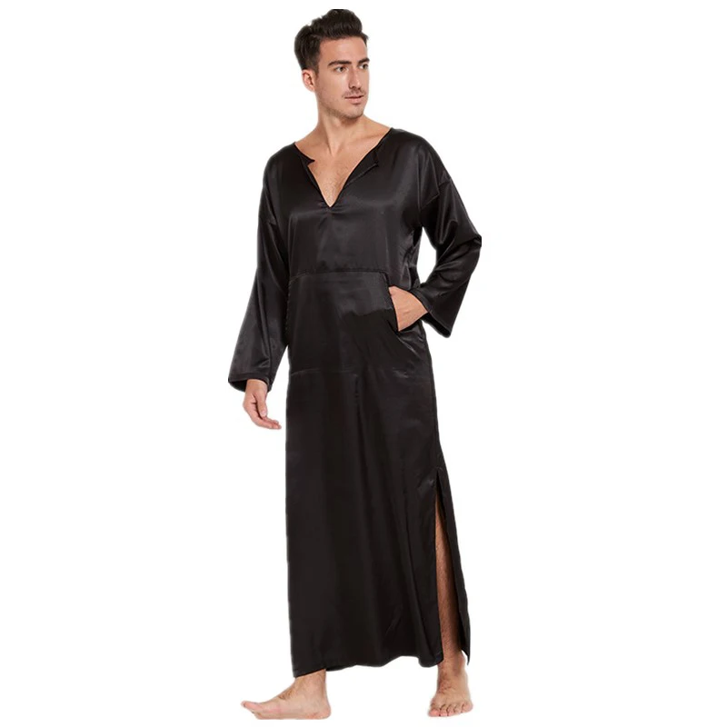 

Mens Full Length Robe Summer NEW Kimono Bathrobe Gown Silky Satin Sleepwear Home Clothes Solid Nightgown Nightwear One Size