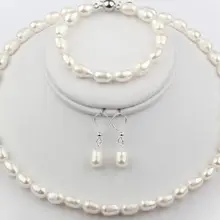 8-9 мм белый натуральный пресноводный жемчуг ожерелье, браслет и серьги набор
