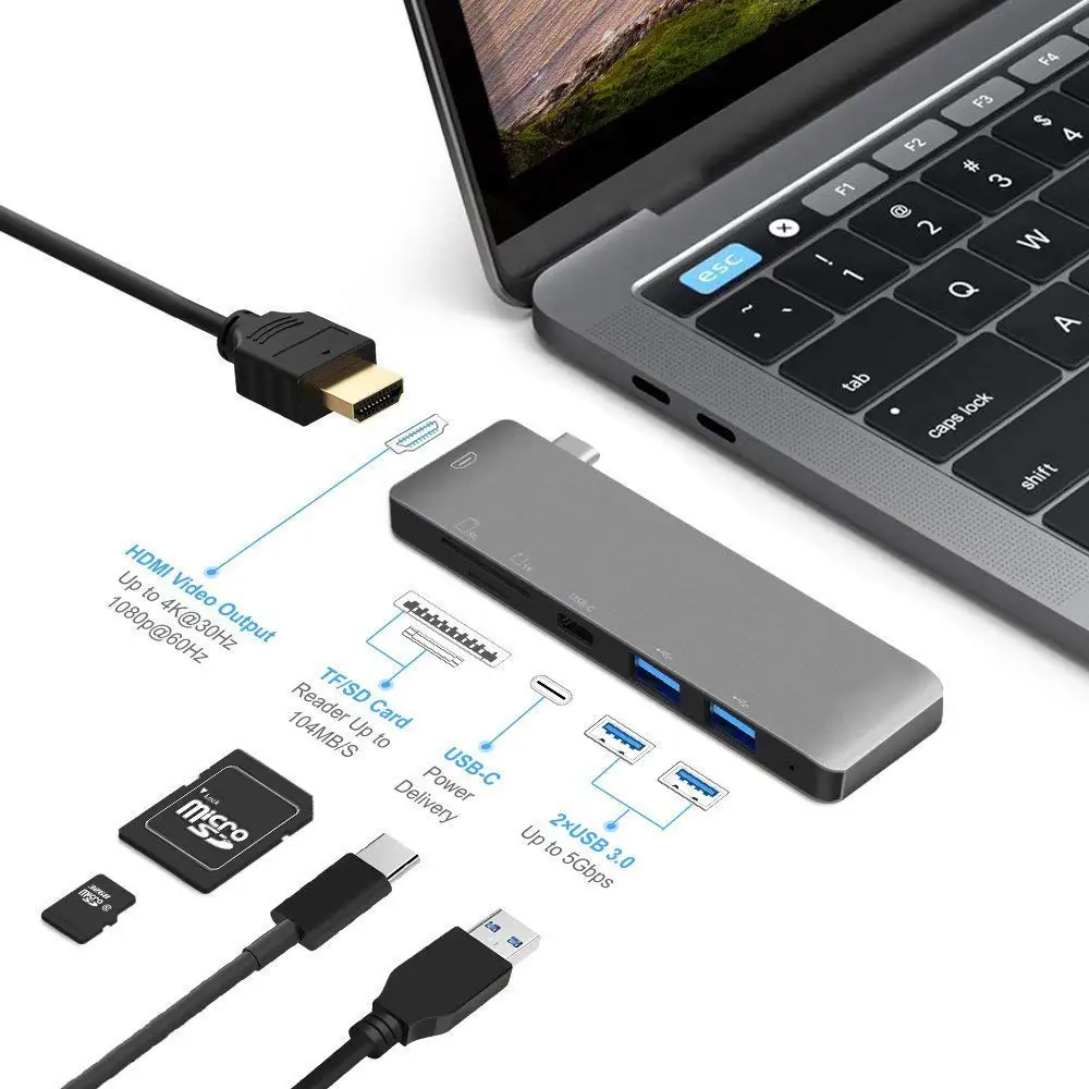  USB C Hub Adapter with 4K HDMI Output/Thunderbolt 3/SD TF Card Reader/2 USB 3.0 Ports for MacBook P